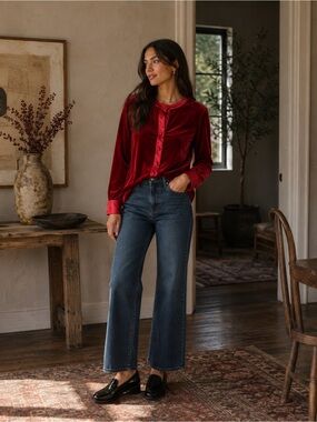 Soft Surroundings Esmarelda Velvet Blouse Top 1X Red Stretch Long Sleeve